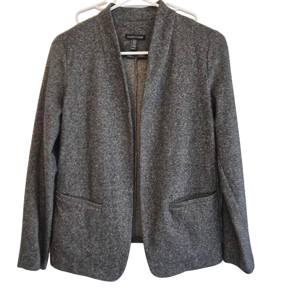 Eileen Fisher Women's XS Regular Gray Knit Open Front Shawl Lapel Blazer
